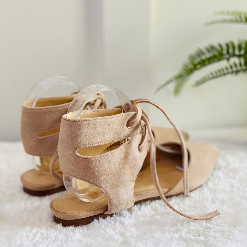 Suede Pointed Toe Lace-up Strappy Slingback Flats - Picture 6 of 7